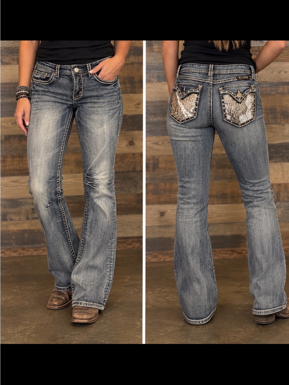 Cowgirl Tuff Silver-Sequin Back Pocket Distressed Blue Jeans